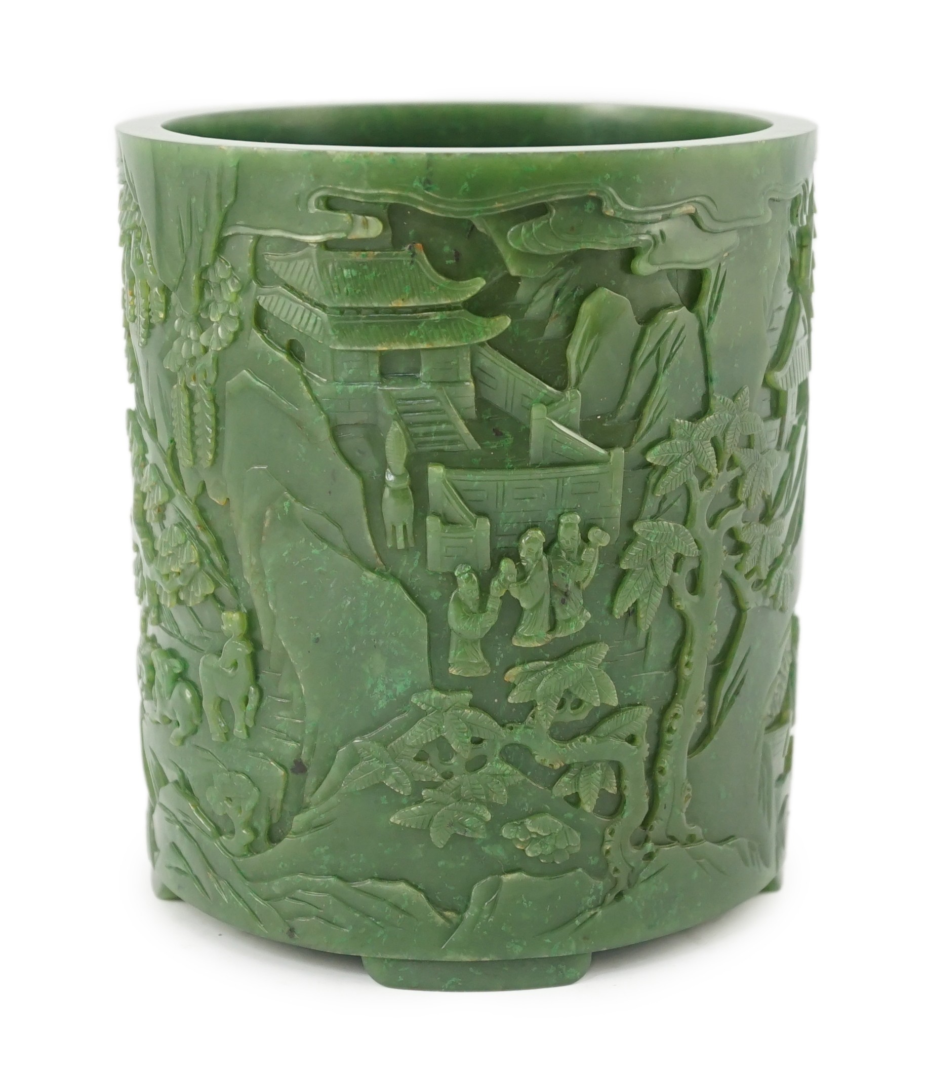 A large Chinese spinach green jade brushpot, bitong, 16.8cm high, 14.9cm diameter